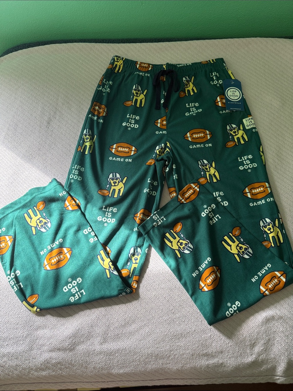 Life Is Good men’s ' Green Football Pajama Pants with Mascot Print
